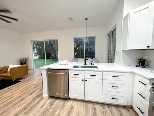 Interior, Kitchen, Pendant Lights, Stainless Steel Appliances, Wood Texture Flooring