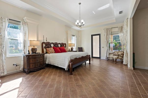 Bedroom, Interior, Pendant Lights, Wood Texture Flooring