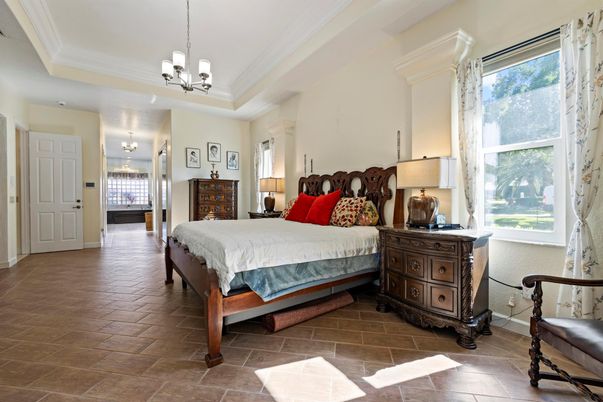 Bedroom, Chandelier, Interior, Pendant Lights, Wood Texture Flooring