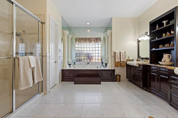 Bathroom, Dual Sink Vanities, Glass Shower, Interior, Marble, Recessed Lighting