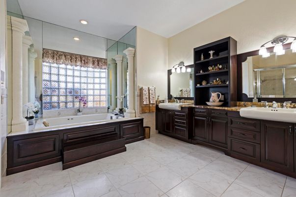Bathroom, Dual Sink Vanities, Interior, Marble, Recessed Lighting