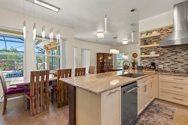 Dining room, Interior, Kitchen, Pendant Lights, Wood Texture Flooring