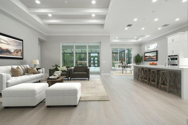 Interior, Kitchen, Living room, Recessed Lighting, Stainless Steel Appliances, Wood Texture Flooring