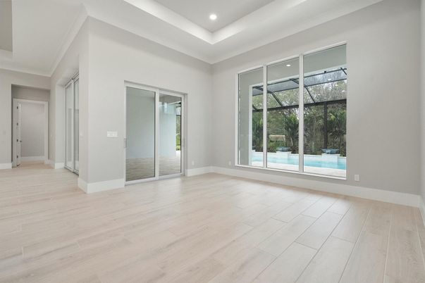 Empty room, Interior, Recessed Lighting, Wood Texture Flooring