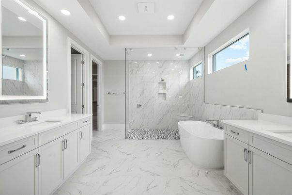 Bathroom, Dual Sink Vanities, Free Standing Baths, Glass Shower, Interior, Marble, Marble Walls, Recessed Lighting