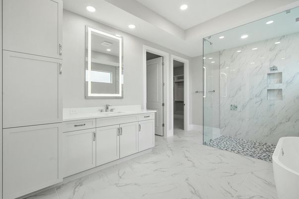 Bathroom, Dual Sink Vanities, Free Standing Baths, Glass Shower, Interior, Marble, Marble Walls, Recessed Lighting