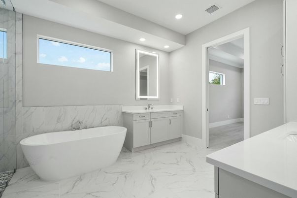 Bathroom, Dual Sink Vanities, Free Standing Baths, Interior, Marble, Marble Walls, Recessed Lighting