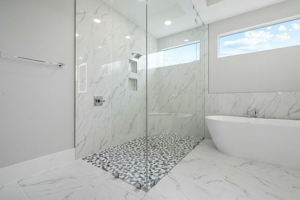 Bathroom, Free Standing Baths, Glass Shower, Interior, Marble, Marble Walls, Recessed Lighting