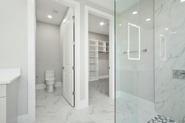 Bathroom, Glass Shower, Interior, Marble, Marble Walls, Recessed Lighting, Walk-in Closets