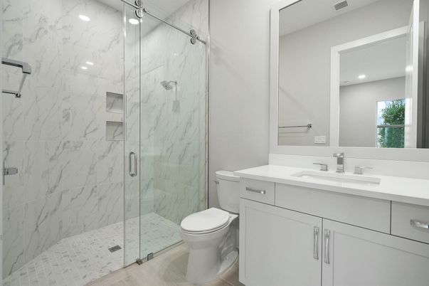 Bathroom, Glass Shower, Interior, Marble Walls, Recessed Lighting