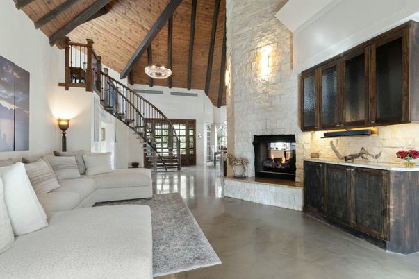 Fireplace, Interior, Living room, Pendant Lights, Stone Walls, Wooden Beams, Wooden Ceilings