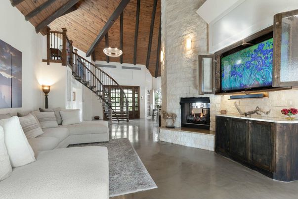Fireplace, Interior, Living room, Pendant Lights, Stone Walls, Wooden Beams, Wooden Ceilings