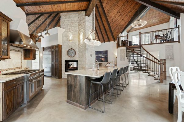 Chandelier, Fireplace, Interior, Kitchen, Pendant Lights, Stainless Steel Appliances, Wooden Beams, Wooden Ceilings