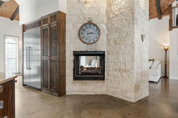 Fireplace, Interior, Kitchen, Stainless Steel Appliances, Stone Walls, Wooden Beams, Wooden Ceilings