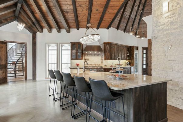 Chandelier, Interior, Kitchen, Pendant Lights, Stainless Steel Appliances, Stone Walls, Wooden Beams, Wooden Ceilings, Wood Texture Flooring