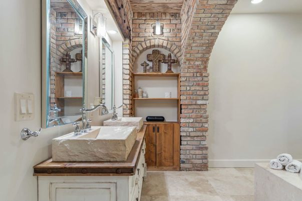 Bathroom, Dual Sink Vanities, Interior, Recessed Lighting, Stone Walls