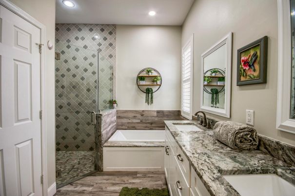 Bathroom, Glass Shower, Interior, Recessed Lighting, Wood Texture Flooring