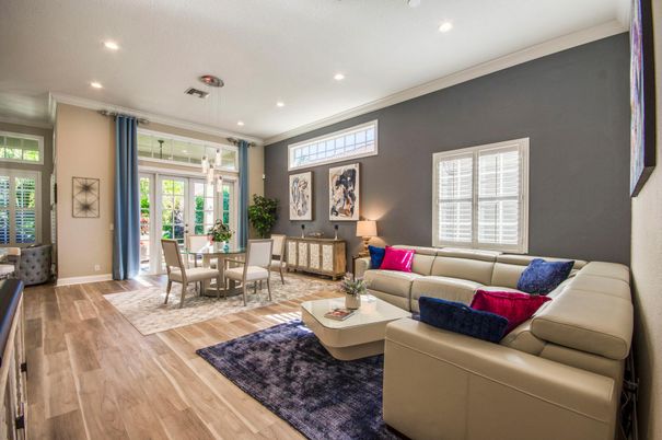 Dining room, Interior, Living room, Pendant Lights, Recessed Lighting, Wood Texture Flooring