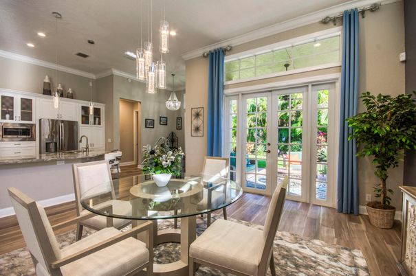 Chandelier, Dining room, Interior, Kitchen, Pendant Lights, Recessed Lighting, Wood Texture Flooring