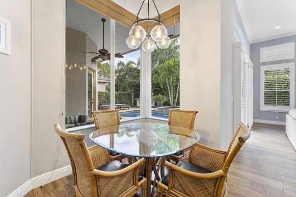 Dining room, Interior, Pendant Lights, Recessed Lighting, Wood Texture Flooring
