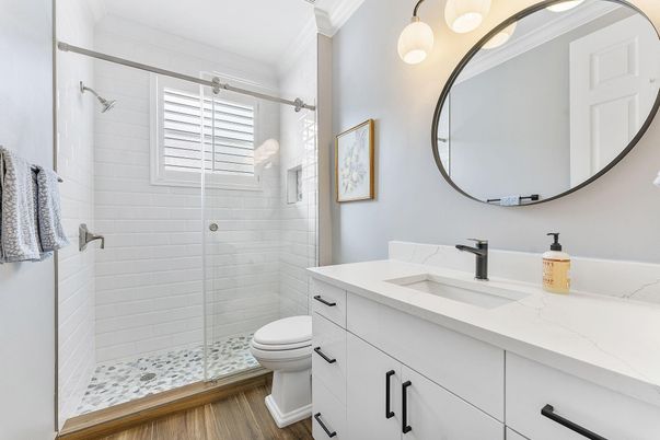 Bathroom, Dual Sink Vanities, Glass Shower, Interior, Wood Texture Flooring