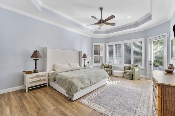 Bedroom, Interior, Recessed Lighting, Wood Texture Flooring
