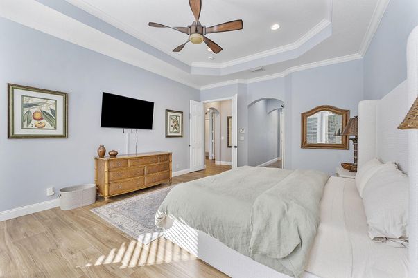 Bedroom, Interior, Recessed Lighting, Wood Texture Flooring