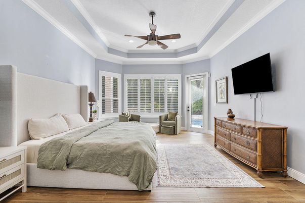 Bedroom, Interior, Recessed Lighting, Wood Texture Flooring