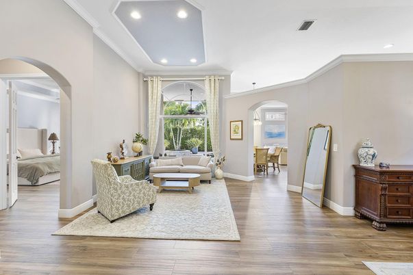 Bedroom, Interior, Living room, Recessed Lighting, Wood Texture Flooring