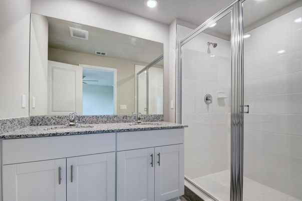 Bathroom, Dual Sink Vanities, Glass Shower, Interior, Recessed Lighting