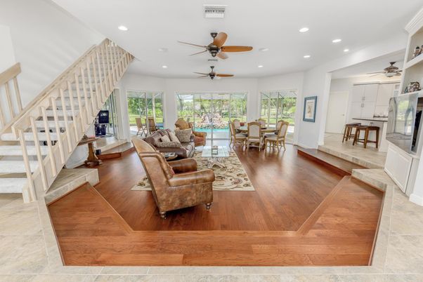 Dining room, Interior, Living room, Recessed Lighting, Wood Texture Flooring