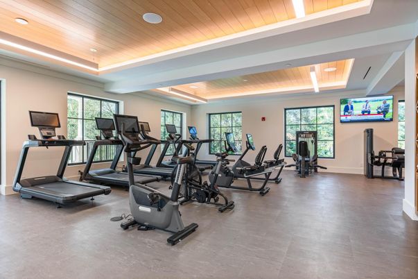 Fitness Equipment, Gym, Interior, Recessed Lighting, Wooden Ceilings