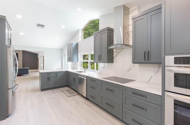 Interior, Kitchen, Recessed Lighting, Stainless Steel Appliances, Wood Texture Flooring