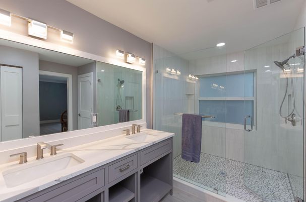 Bathroom, Dual Sink Vanities, Glass Shower, Interior, Recessed Lighting