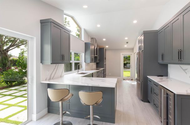 Interior, Kitchen, Marble Walls, Recessed Lighting, Wood Texture Flooring