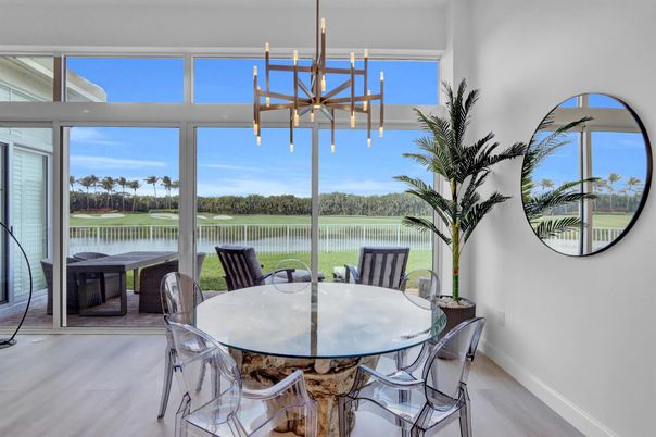 Dining room, Interior, Pendant Lights, Water, Wood Texture Flooring