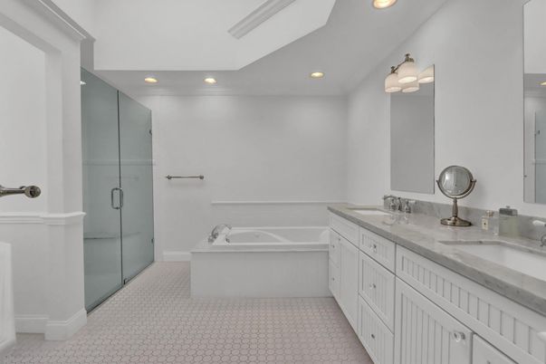 Bathroom, Dual Sink Vanities, Glass Shower, Interior, Recessed Lighting