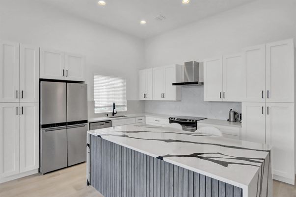 Interior, Kitchen, Recessed Lighting, Stainless Steel Appliances, Wood Texture Flooring