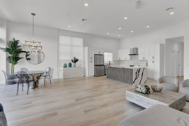 Dining room, Interior, Kitchen, Pendant Lights, Recessed Lighting, Stainless Steel Appliances, Wood Texture Flooring