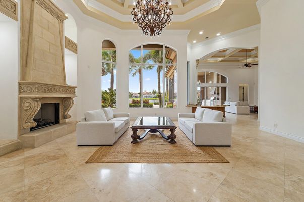 Chandelier, Fireplace, Interior, Living room, Recessed Lighting