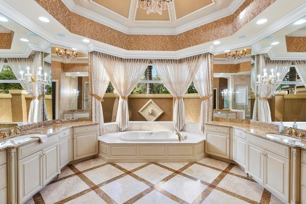 Bathroom, Chandelier, Dual Sink Vanities, Interior, Recessed Lighting