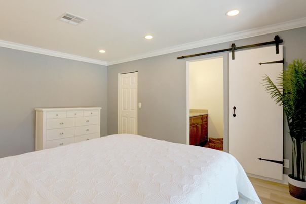 Bedroom, Interior, Recessed Lighting, Wood Texture Flooring