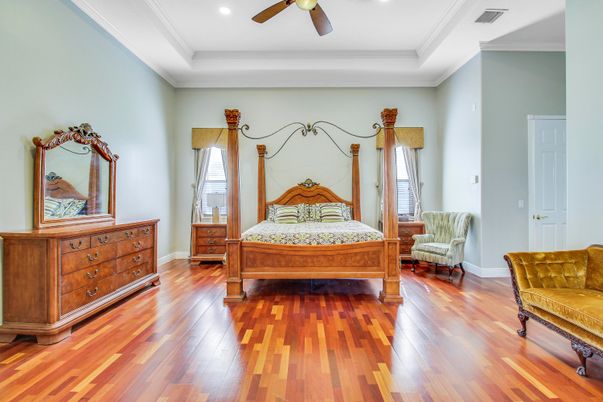 Bedroom, Interior, Recessed Lighting, Wood Texture Flooring