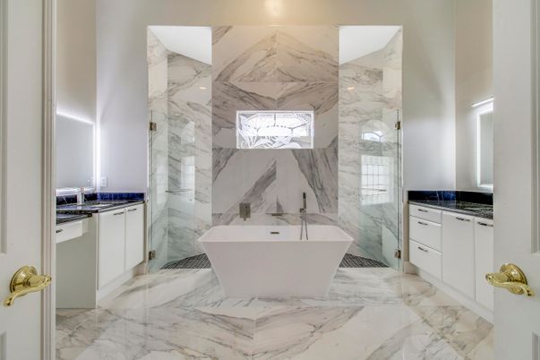 Bathroom, Free Standing Baths, Glass Shower, Interior, Marble, Marble Walls