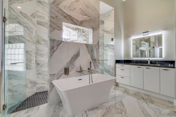 Bathroom, Dual Sink Vanities, Free Standing Baths, Glass Shower, Interior, Marble, Marble Walls, Recessed Lighting