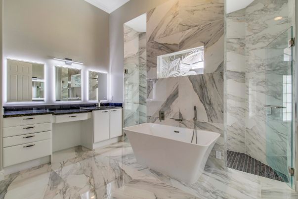 Bathroom, Dual Sink Vanities, Free Standing Baths, Glass Shower, Interior, Marble, Marble Walls, Recessed Lighting