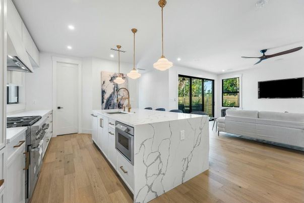 Interior, Kitchen, Living room, Pendant Lights, Recessed Lighting, Wood Texture Flooring