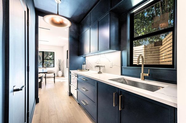 Dining room, Interior, Kitchen, Marble Walls, Pendant Lights, Wood Texture Flooring