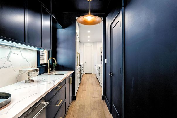 Interior, Kitchen, Marble Walls, Pendant Lights, Recessed Lighting, Wood Texture Flooring