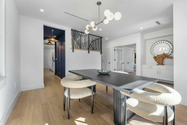 Dining room, Interior, Pendant Lights, Recessed Lighting, Wood Texture Flooring
